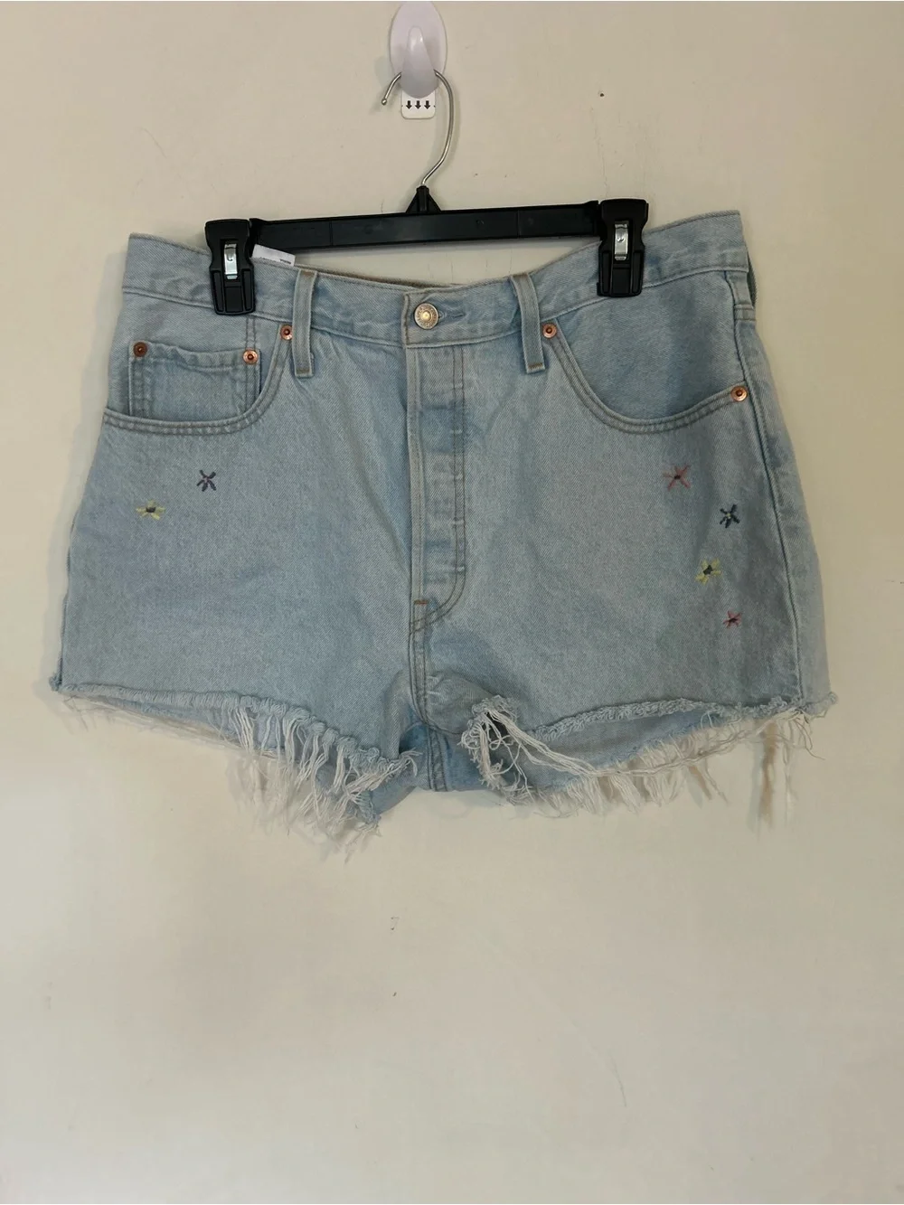 Levi's 501 Size 33 Button Fly  Embroidered Distressed Denim Shorts